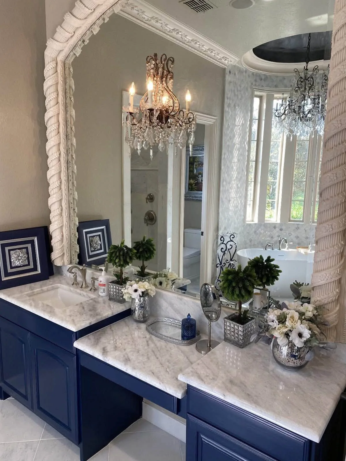 Marble vanity with a stepped-down section — Bathroom