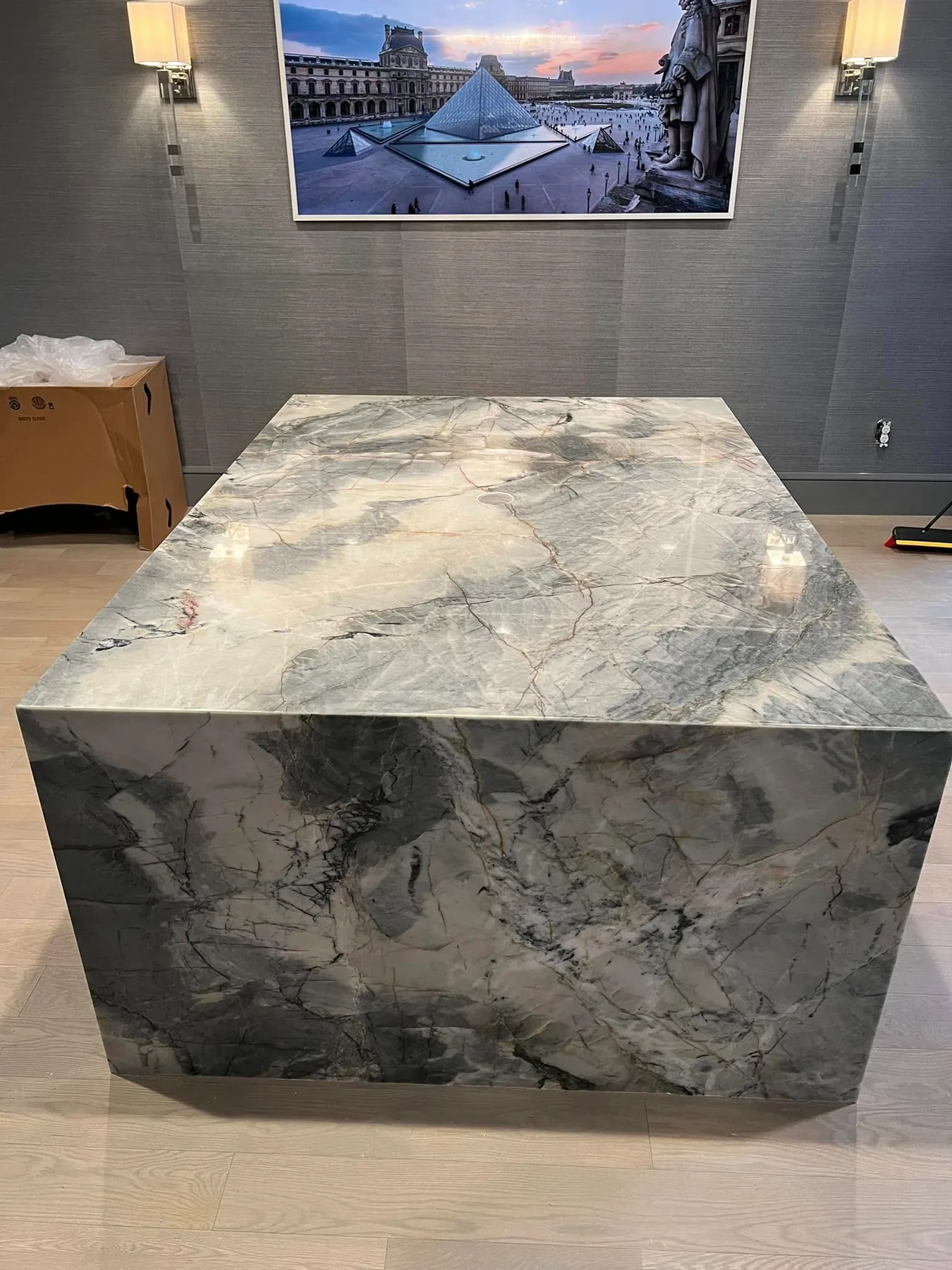 Mitred corner detail on a quartzite waterfall table — Commercial